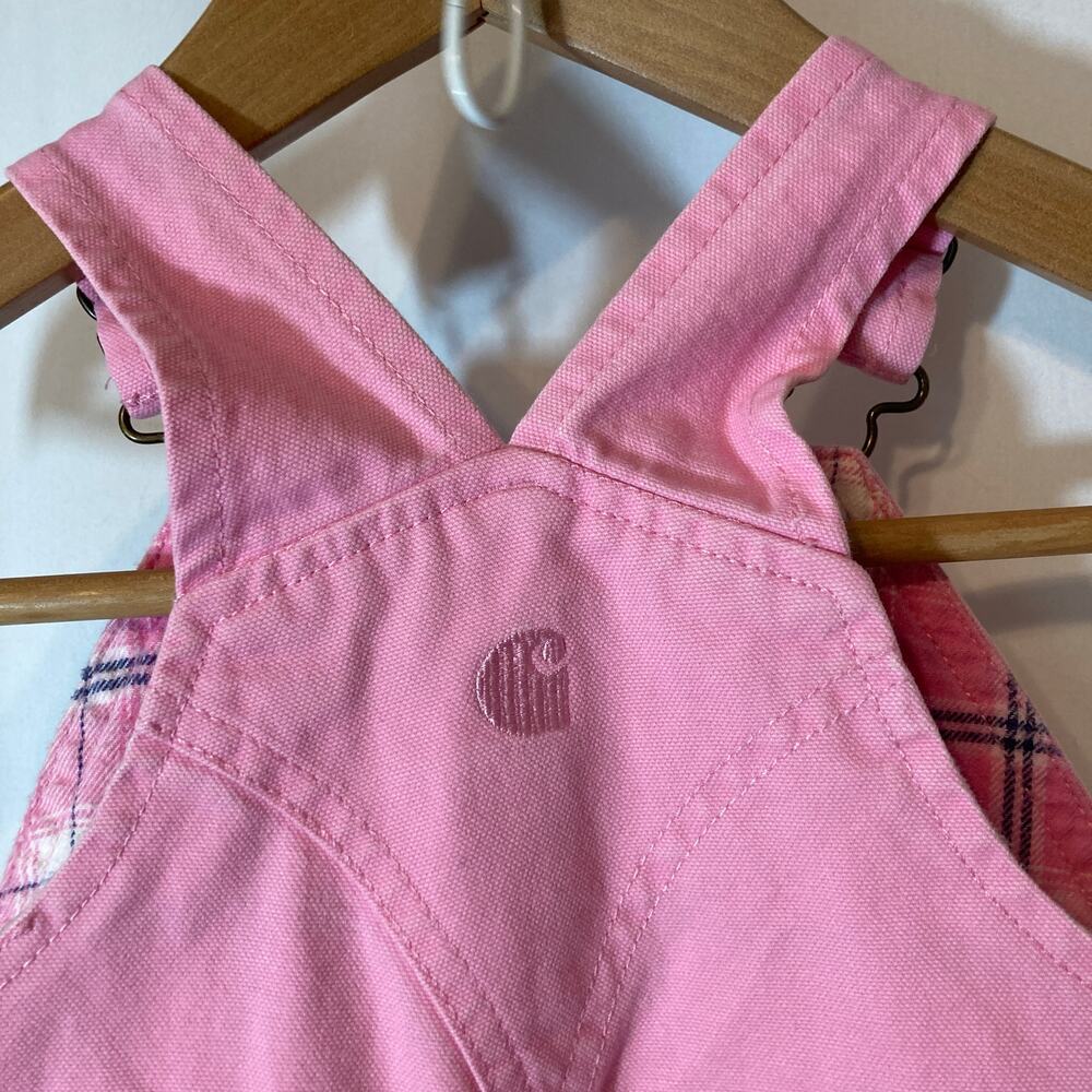 Carhartt Toddler Girls Pink Lemonade Plaid Flannel Lined Canvas Bib Overalls - Picture 9 of 12